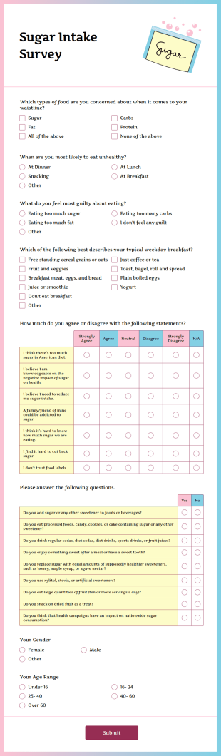 Sugar Intake Survey Form Template