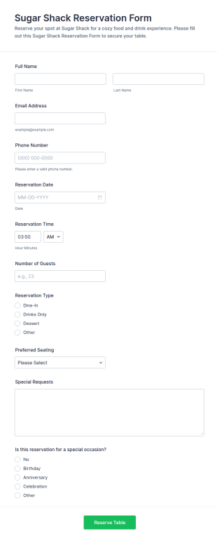 Sugar Shack Reservation Form Template
