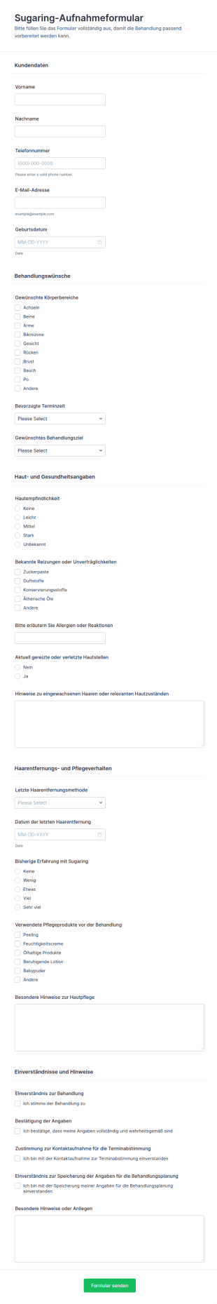 Sugaring Aufnahmeformular