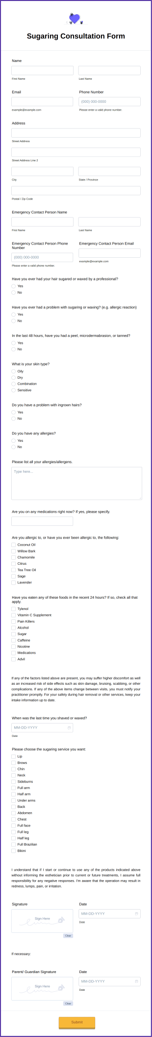 Sugaring Consultation Form Template