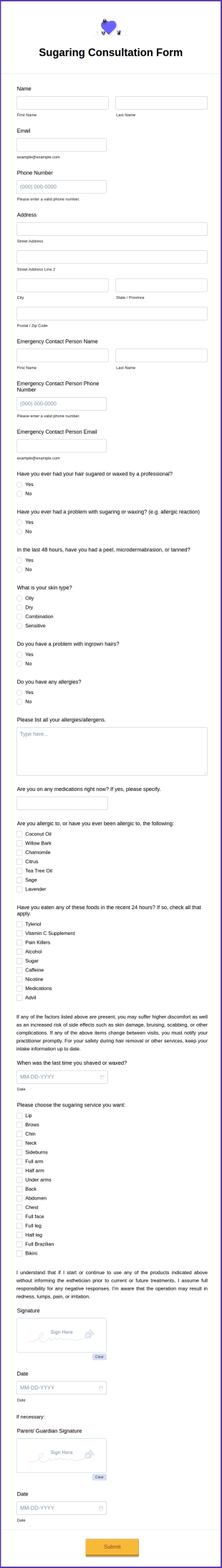 Sugaring Consultation Form Template