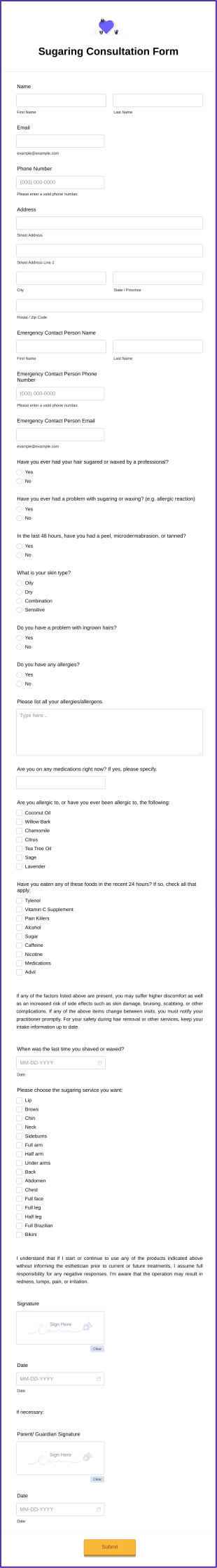 Sugaring Consultation Form Template