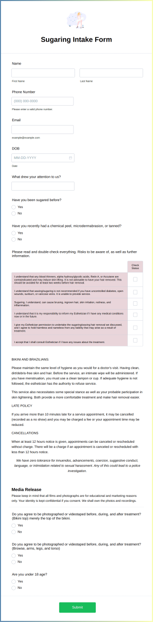 Sugaring Intake Form Template