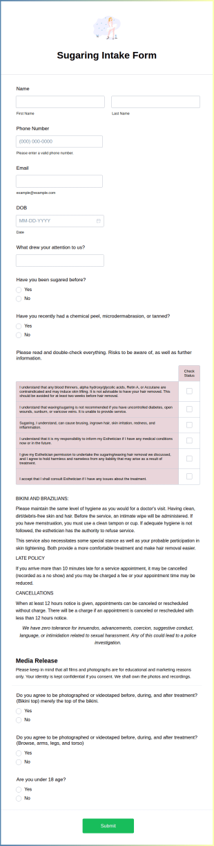 Sugaring Intake Form Template