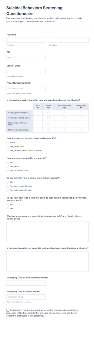 Suicidal Behaviors Screening Questionnaire Form Template