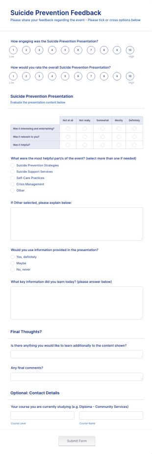 Suicide Prevention Feedback Form Template