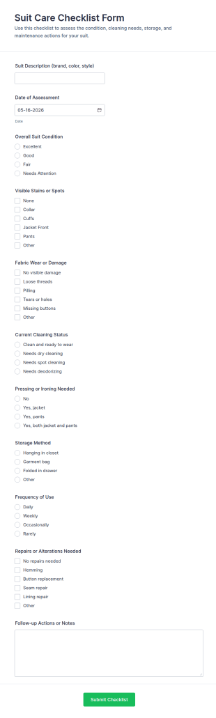 Suit Care Checklist Form Template
