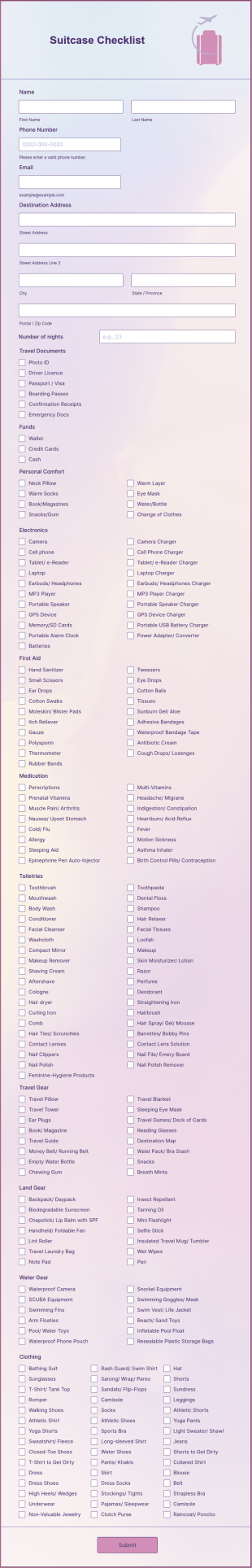 Suitcase Checklist Form Template