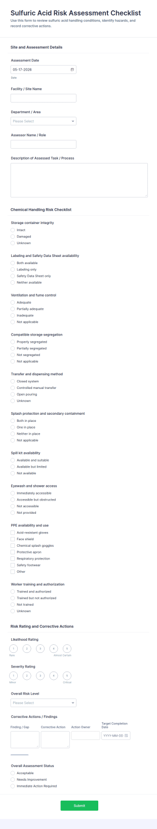 Sulfuric Acid Risk Assessment Checklist Form Template