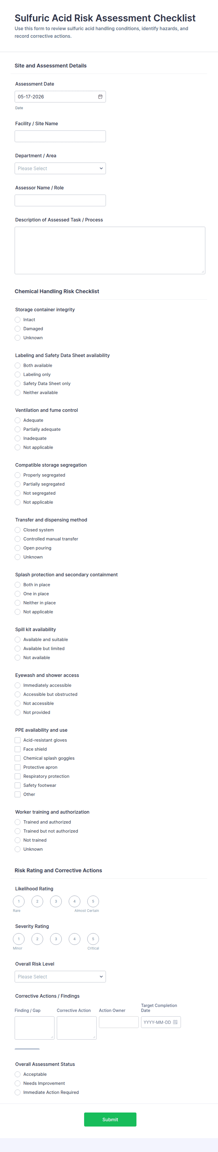 Sulfuric Acid Risk Assessment Checklist Form Template | Jotform