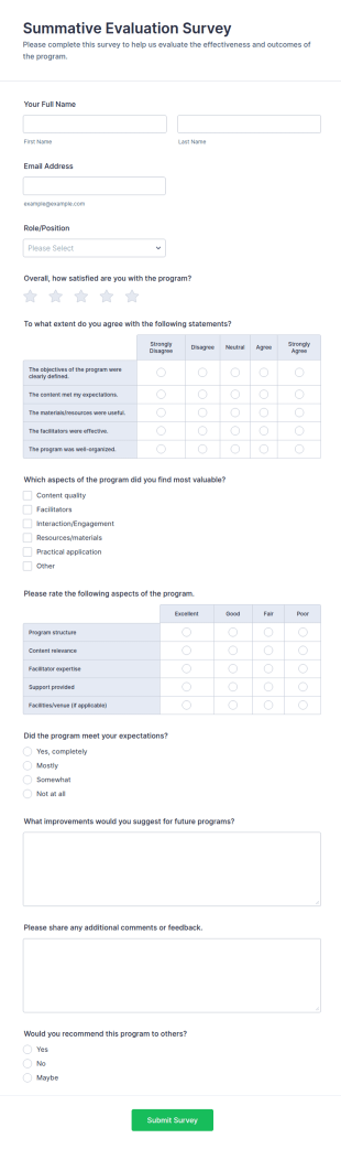 Summative Evaluation Survey Form Template