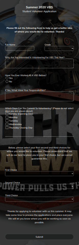 Summer 2020 VBS Form Template