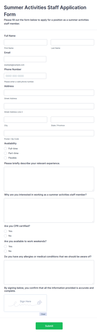 Summer Activities Staff Application Form Template