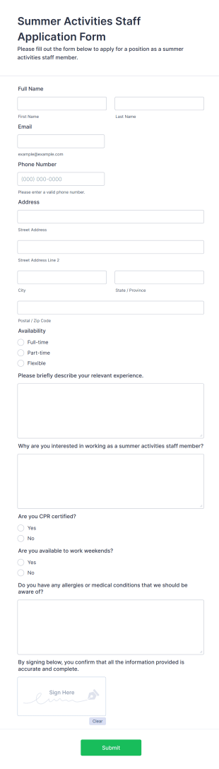 Summer Activities Staff Application Form Template