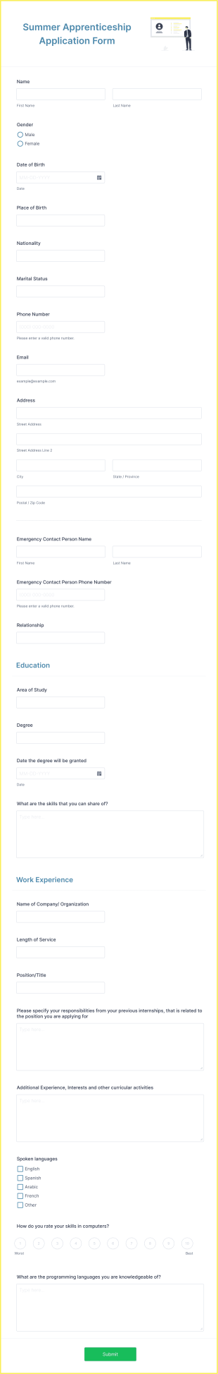 Summer Apprenticeship Application Form Template