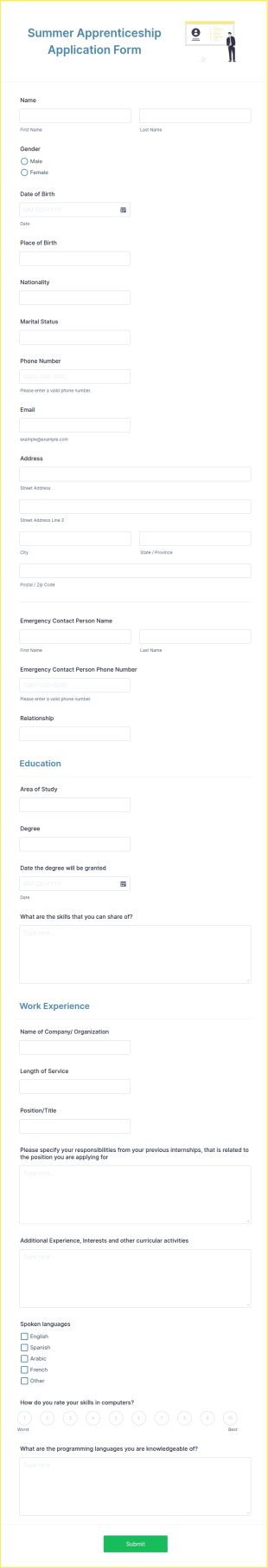 Summer Apprenticeship Application Form Template