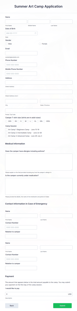 Summer Art Camp Registration Form Template