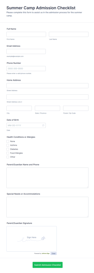 Summer Camp Admission Checklist Form Template