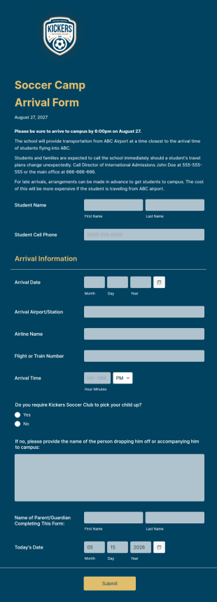Summer Camp Arrival Form Template