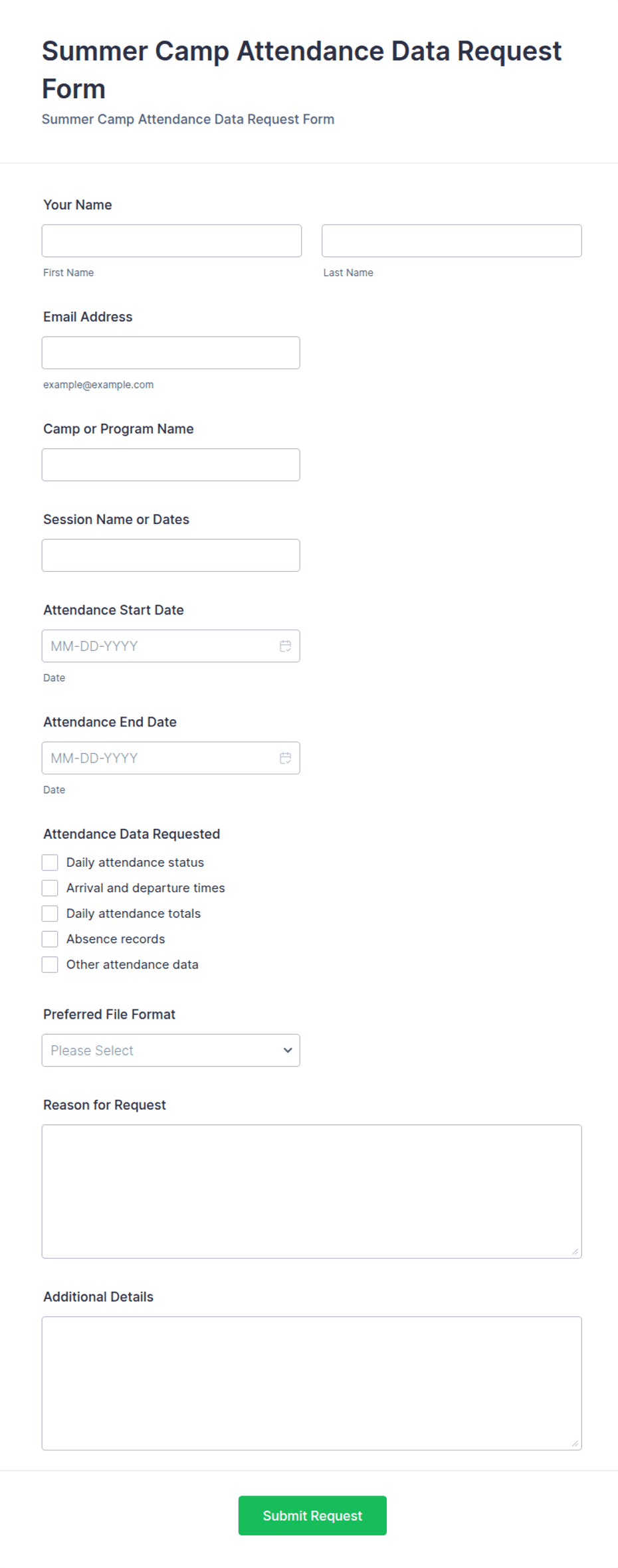 Summer Camp Attendance Data Request Form Template | Jotform