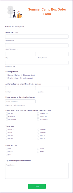 Summer Camp Box Order Form Template
