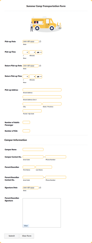 Summer Camp Bus Registration Form Template