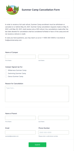 Summer Camp Cancellation Form Template