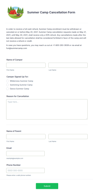 Summer Camp Cancellation Form Template