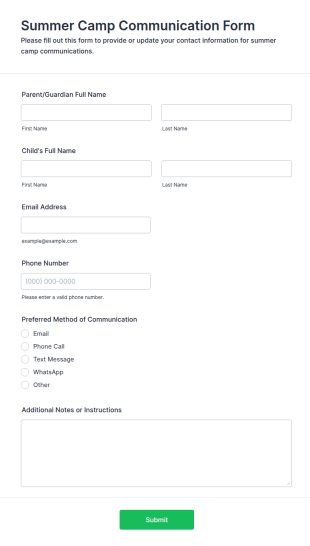 Summer Camp Communication Form Template