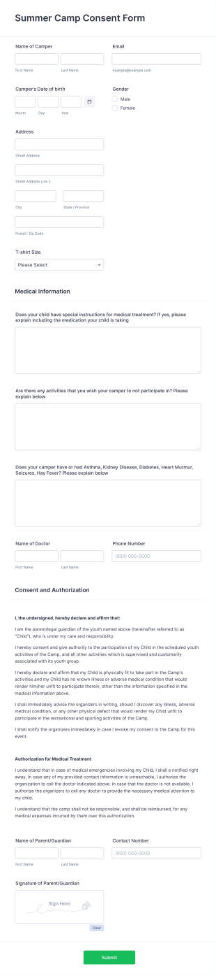 Summer Camp Consent Form Template