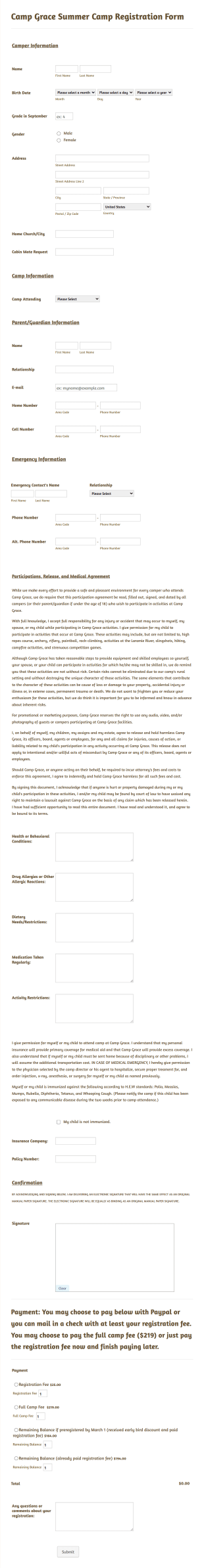 Summer Camp Detailed Registration Form 2017 Form Template