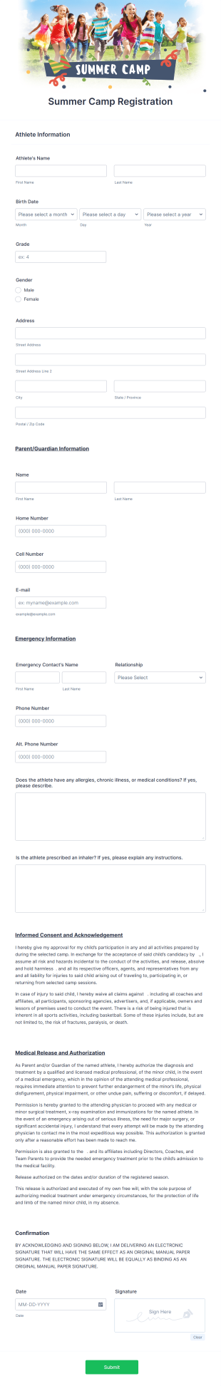 Summer Camp Detailed Registration Form Template