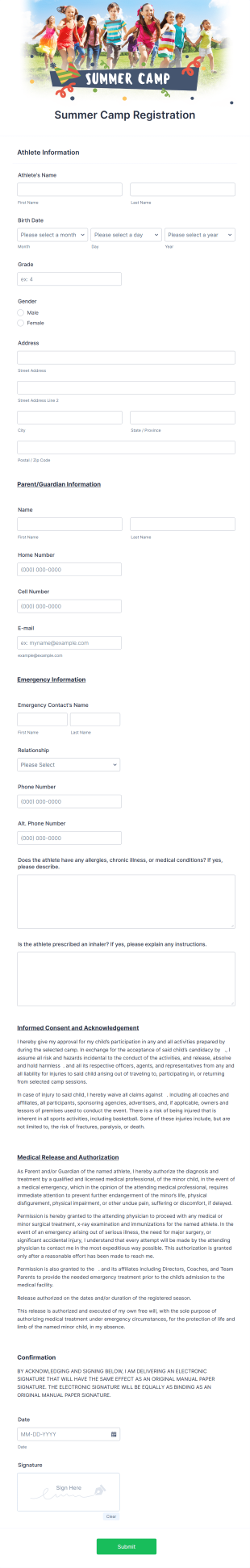 Summer Camp Detailed Registration Form Template