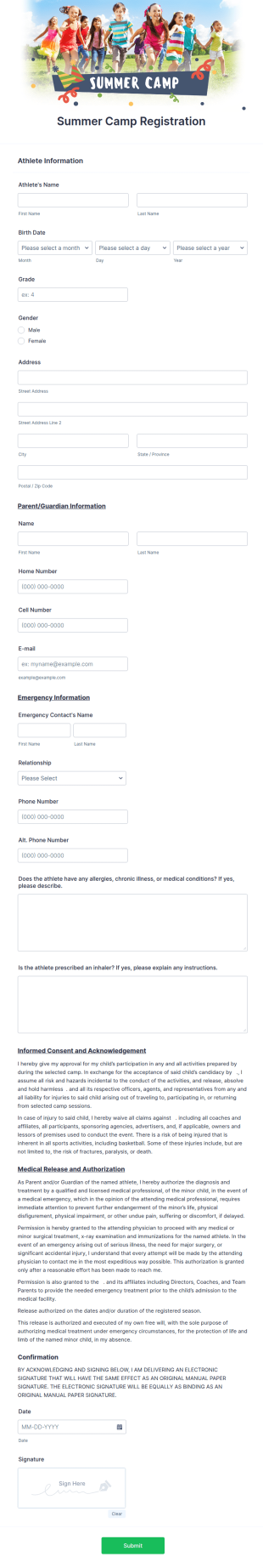 Summer Camp Detailed Registration Form Template