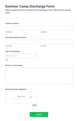 Summer Camp Discharge Form Template