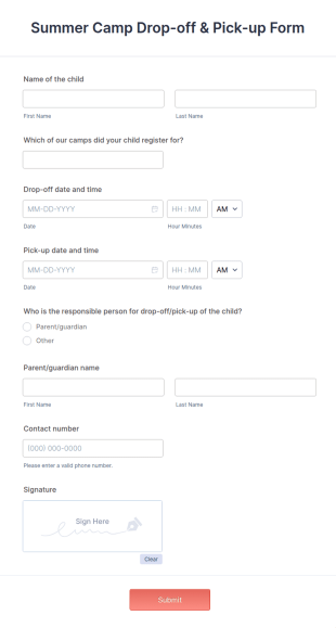 Summer Camp Drop Off &amp Pick Up Form Template