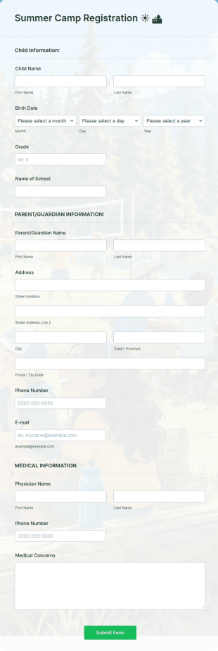 Summer Camp Enrollment Form Template