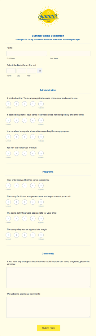 Summer Camp Evaluation Form Template