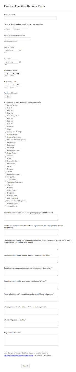 Summer Camp Facilities Request Form Template