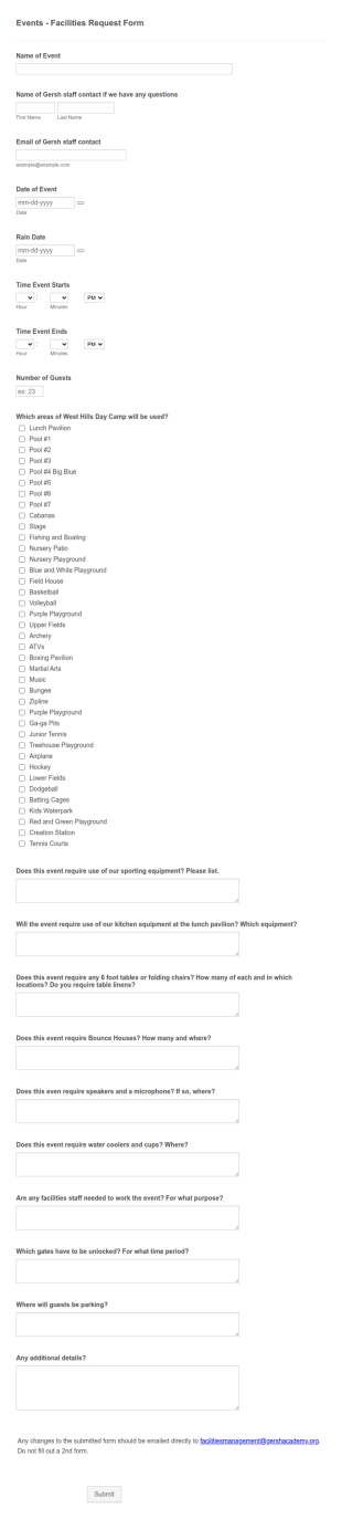 Summer Camp Facilities Request Form Template