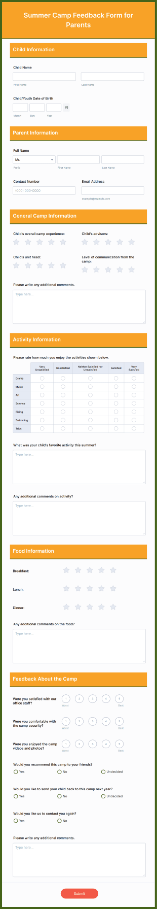 Summer Camp Feedback Form For Parents Form Template