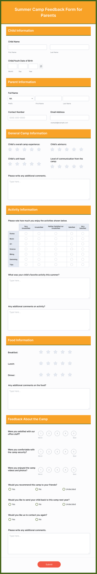 Summer Camp Feedback Form For Parents Form Template