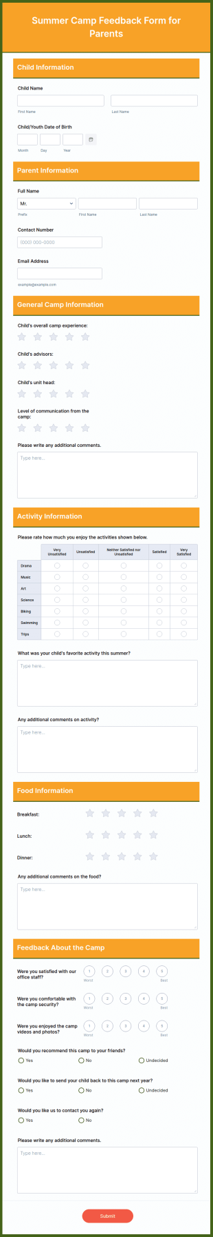 Summer Camp Feedback Form For Parents