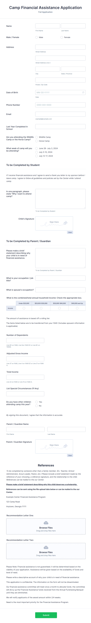 Summer Camp Financial Assistance Application Form Template