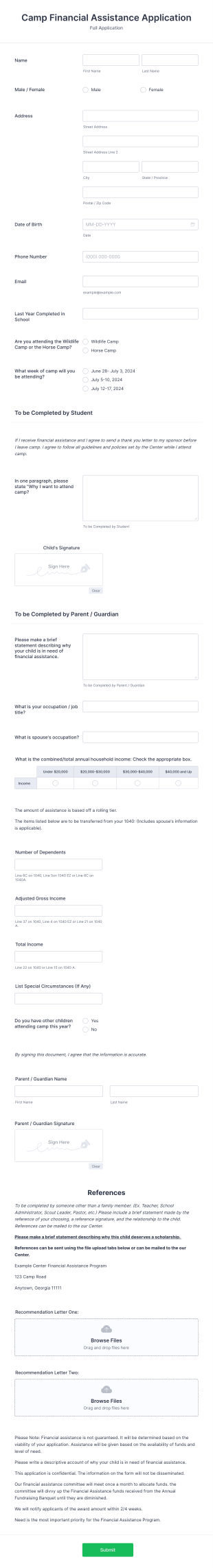 Summer Camp Financial Assistance Application Form Template