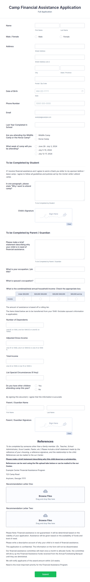 Summer Camp Financial Assistance Application Form Template