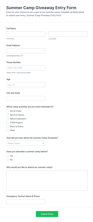 Summer Camp Giveaway Entry Form Template