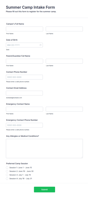 Summer Camp Intake Form Template