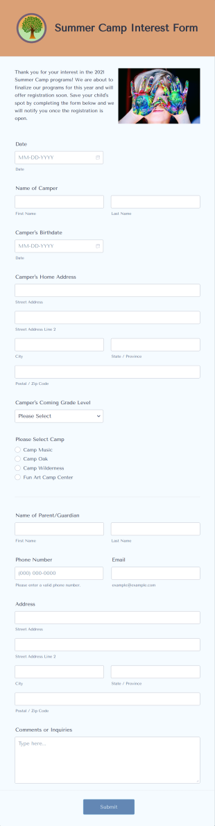 Summer Camp Interest Form Template