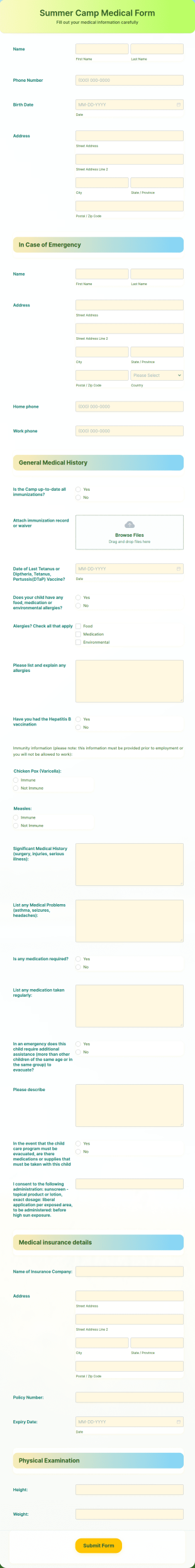 Summer Camp Medical Form Template